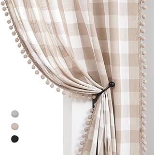 Tan Buffalo Plaid Curtains Pom Pom Window Curtains for Living Room Bedroom 40 x 54 Inch Rustic Farmhouse Gingham Check Pattern Linen Semi Sheer Drapes Taupe and White Window Panels, Pencil Pleat, 2pcs