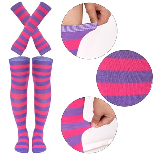 Image of Tongcloud Women's Striped Knee High Socks, Over Knee Thigh High Socks, Arm Warmer and Fingerless Gloves Set