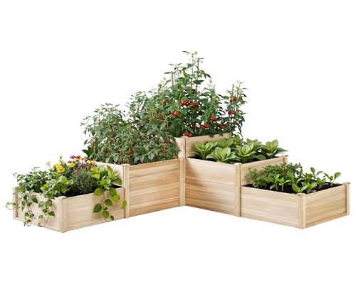 AMERLIFE 3-Tier Raised Garden Bed, 28 Inch Depth Fir Wood Planter Box for Outdoor Gardening with Dividers, Tool-Free Assembly, Garden Box, Ideal for Vegetables, Herbs, Flowers