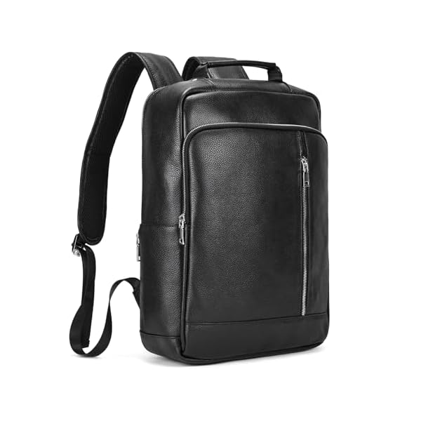Genuine Leather Backpack Men Casual Daypack 15.6 Inch Laptop Rucksack Business Travel Outdoor Shoulder Bag with Trolley Sleeve (Black)