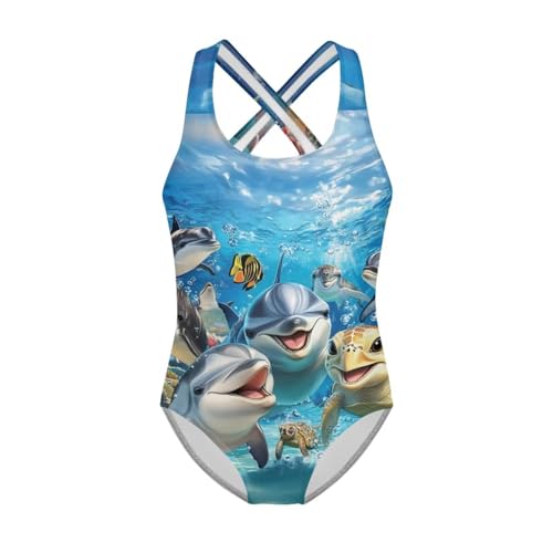 Image of WELLFLYHOM Girls' One Piece Swimsuit for Age 5-14 Cross Back Full Coverage Swimwear Sleeveless Bathing Suits