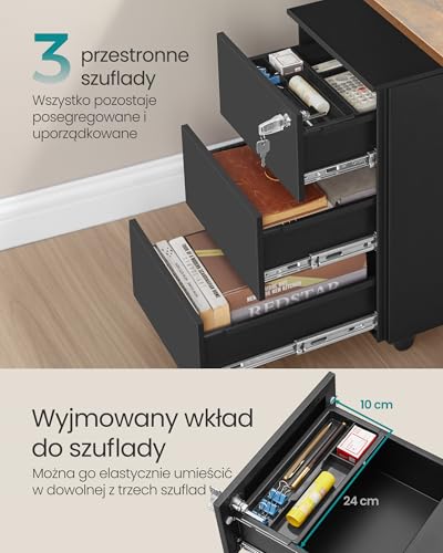 SONGMICS Szafka z szufladami, Mobilna szafka na dokumenty, Szafka metalowa, Stół pod drukarkę, Zamykana, 3 szuflady, Wstępnie zmontowana, Biuro, Biuro domowe, 40 x 30 x 54 cm, Matowa czerń OFC079B01