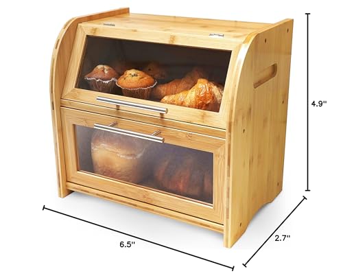 Arise Stylish Bamboo Bread Box for Kitchen Countertop, Extra Large 2-Shelf Wooden Bread Storage Container with Clear Windows and Air Vents Keep Bread, Bagels and Rolls Fresh, Self Assembly - Image 3