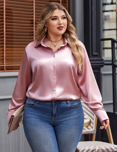 IN'VOLAND Plus Size Satin Blouses Women Button Down Business Casual Tops — view 2