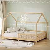 ML-Design Lit Cabane Enfant 140x200 cm Naturel (Beige) en Bois avec Protection Contre la Chute, Toit et Sommier à Lattes, Style Maison, Couchage Maisonnette Lit Double pour Adolescent Fille Garçon