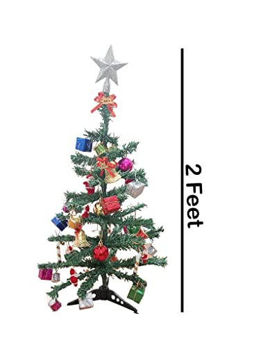 ME & YOU 2 Ft Christmas Tree with Hanging Ornaments | Decorated Mini Artificial Xmas Tree with Stars, Balls & Gifts | Small Tabletop Christmas Decoration for Home, Office, Party, Holiday Festive Décor