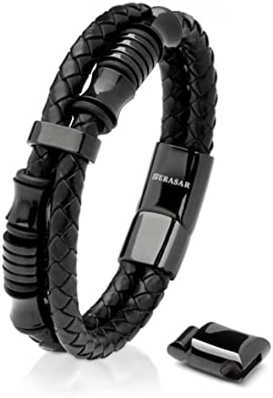 SERASAR 8″ Black Leather Bracelets for Men - Mens Bracelets Cowhide Gift-Box Braided Bracelet Stainless Steel Jewelry Wrist-Band Cuff Wrap Rope Bangle Dad Man Boy Pulseras para Hombres Cuero Regalo