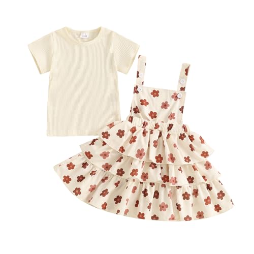 Image of Toddler Baby Girl Summer Clothes Kids Short Sleeve Solid T-Shirt Ruffle Daisy Skirts Overalls Dress Outfit 18M-6T