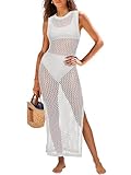 ANRABESS Womens Swimsuit Cover Up Sleeveless Hollow Knit Bikini Swimwear Bathing Suit Coverup Crochet Beach Dress White Medium
