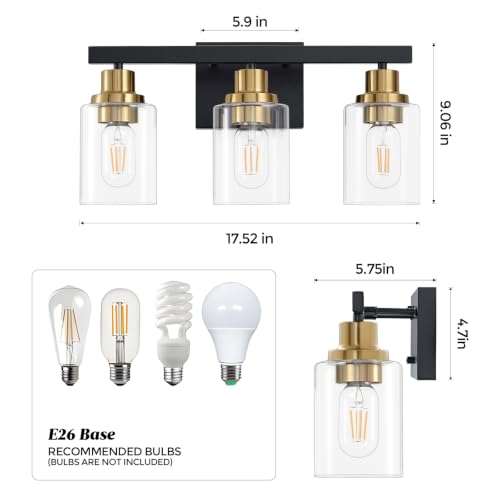 Image of 3-Light Bathroom Light Fixtures,Black and Gold Vanity Lights 17 inch | Modern Wall Sconce Lighting,Vanity Light Over Mirror with Clear Glass Shade,Farmhous Wall Mounted for Bathroom,E26 Base