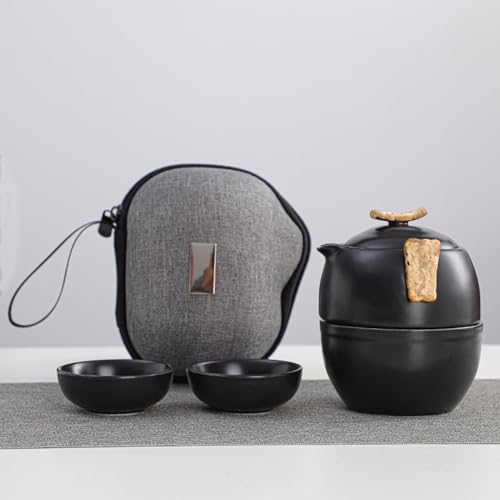 KEYDUACU Portable Ceramic Tea Set - Includes 1 Teapot, 3 Teacups, and Carrying Case - Authentic Japanese casual Tea Set for Home and Outdoor Use - Ideal for Gifting(BLACK)