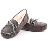 Parfeying Women's Sheepskin Moccasins Cow Suede Memory Foam Slippers Indoor Outdoor Shearling Winter Shoes,L20101 Charcoal 8US