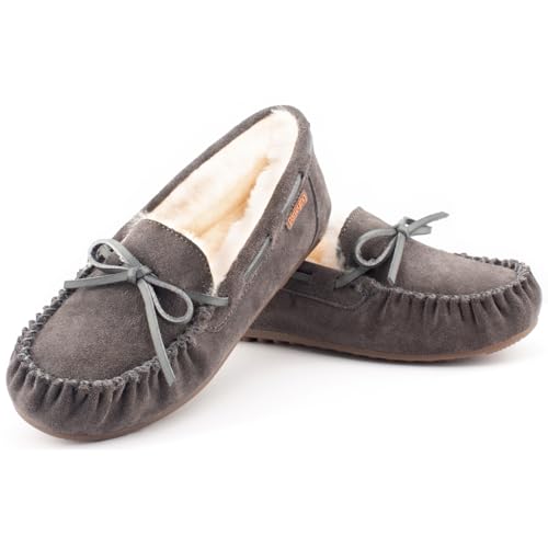 Parfeying US Women's Sheepskin Moccasins Cow Suede Memory Foam Slippers Indoor Outdoor Shearling Winter Shoes