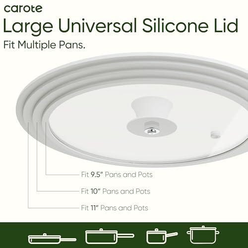 Image of CAROTE 2 PCS Universal Silicone Lid for Pots, Pans and Skillets, Pot Lid fit 6 inch, 7 inch 8 inch & 9.5 inch, 10 inch, 11 inch Diameter Cookware, Pan Cover With Heat Resistant Silicone Rim and Tempered Glass, White