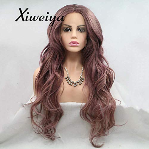 Xiweiya Smoke Purple Synthetic Lace Front Wigs Metallic Purple Rose Brown Natural Wave Wigs Heat Resistant Fiber Hair Wig Long Wavy Wig Middle Parting Cosplay Wigs
