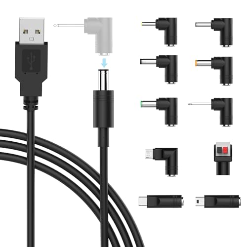 BERLS 5V USB to DC Power Cable Power Cord Universal Charging Cable 5.5x2.1mm DC Jack with 10 Connector Tips for Led Strip Lights, Mini Projector, Router, Keyboard, USB Hub and More Device