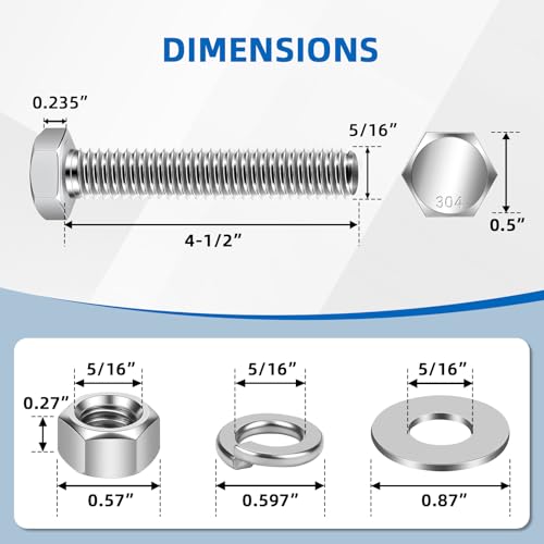 Image of Mellewell 5 /16-18 x 4-1 /2 inch Hex Head Bolts with Hex Nuts and Thick Flat & Lock Washers, Fully Threaded, Stainless Steel 18-8, Plain Finish, 6 Sets