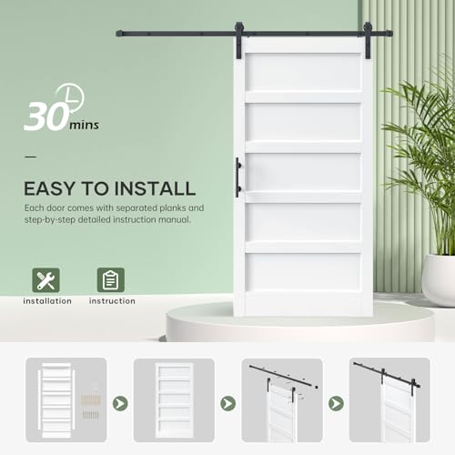 ROYMELO 42x84 Inch White Sliding Barn Door Slab with 7ft Hardware Kit Included, 5-Panel, MDF Wood Panel Covered with Water-Proof Scratch-Proof PVC Surface, Simple DIY Assembly