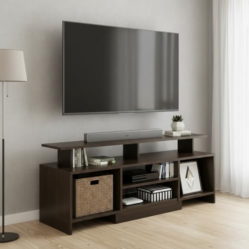 Image of FURNEASER Kashvi Floor Standing TV Unit for Living Room | Modern Engineered Wood TV Cabinet with Open Storage Shelves | Entertainment Center for Upto 55 Inch TV