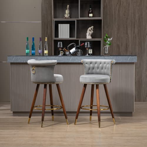 Lin-Utrend 360°Swivel Counter Height Bar Stools Set Of 2, 27”Velvet Barstools With Back & Footrest,Modern Upholstered Bar Chairs For Kitchen Counter/Cafe/Pub (Gray) #TOP1