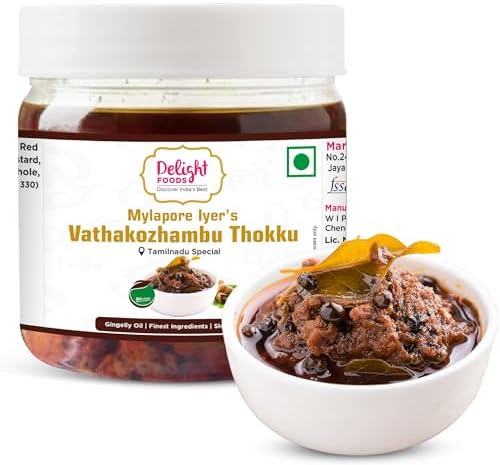 Delight Foods Mylapore Iyer's Vathakozhambu Thokku Rice Mix | Homemade Recipe made with gingelly/Sesame oil | Tamarind Paste/Vathal Kuzhambu Mix | Tamil Nadu Special | NO PRESERVATIVES (300g)