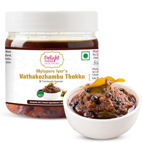Image of Delight Foods Mylapore Iyer's Vathakozhambu Thokku 300g - Rice Mix | Homemade Recipe made with gingelly /Sesame oil | Tamarind Paste /Vathal Kuzhambu Mix | Tamil Nadu Special | NO PRESERVATIVES