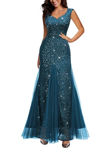 Image of Miusol Women's Elegant V Neck Sleeveless Sequin Lace Evening Party Dress