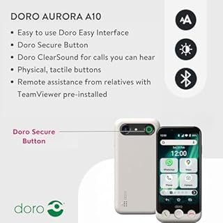 Doro - Aurora A10 Mobile Phone – Senior Smartphone – Easy to Use – Assistance Button with GPS Location – Hearing Aid Compatible – USB Cable Included – Bone