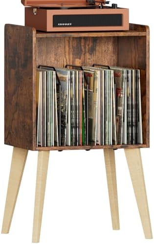 Gannyfer Record Player Stand – Minimalist Vinyl Record Storage Holds Up to 160 Albums, Mid-Century Record Holder Display Shelf with Wood Legs, Turntable Cabinet for Living Room, Bedroom (Brown)