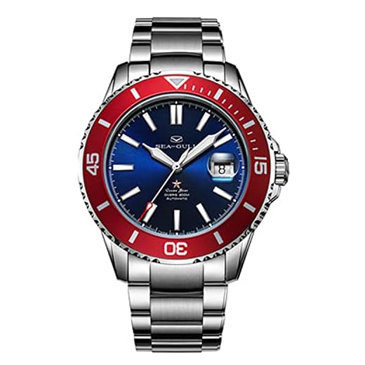 SEA-GULL Herren-Armbanduhr, automatische Taucheruhr, 200 m, wasserabweisend, Ozean-Stern, Business-Mode-Armbanduhr für Herren, Blau-Rot, Armband