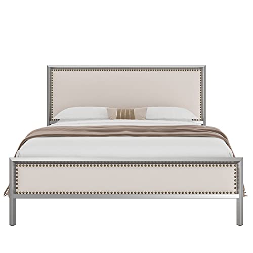 Hithos Queen Size Silver Metal Bed Frame With Velvet Upholstered Headboard, Platform Bed With 10.4" Under Bed Storage, Mattress Foundation With Nailhead, No Box Spring Needed (Silver Beige/Velvet, Q) #TOP6
