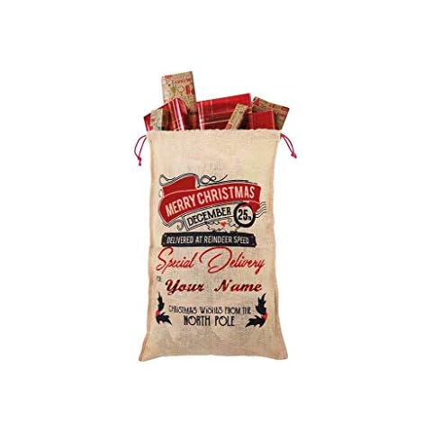 Hot off the Press UK Extra Large Personalised Red Glitter Premium Jute/Hessian Christmas Santa Sack Delivered At Reindeer Speed Cover