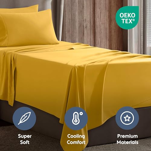 Image of Nestl Twin XL Bed Sheet Set - Yellow - 3-Piece Deep Pocket | Instantly Soft, Night-One Ready (No Wash Required). Fits 16-Inch Deep Pockets, 360-Degree Elastic Grip