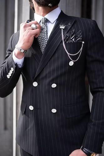 Men's Pinstripe Suit 2 Pieces Regular Fit Double-Breasted Blazer Pants for Wedding Suit Groom Prom Tuxedo Suit