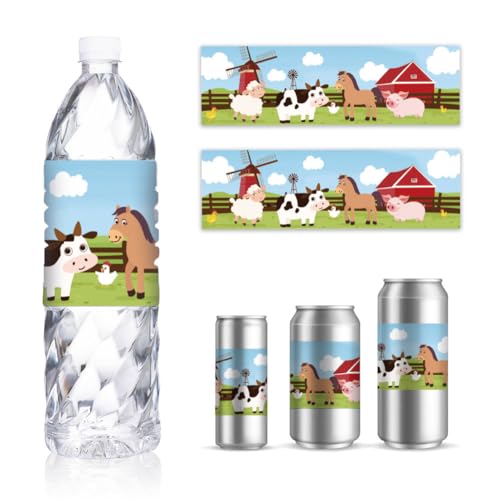 GOMAKERER 30 Sheets Farm Animal Theme Water Bottle Labels, Cow Ranch Wraps Stickers Personalized Drinking Water Bottle Labels for Party Decorations, 8.5x2.5 Inch