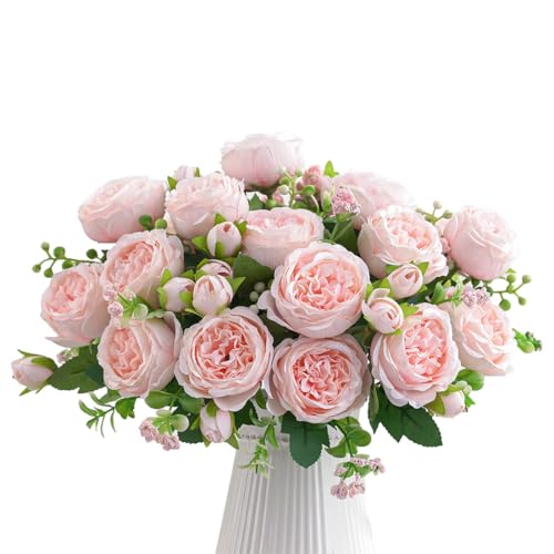 AUMAYCO 4 Bunches Pfingstrose künstliche Blumen, Künstliche Rosen Bouquet, Lebensechte Seide Pfingstrose Sträuße für Home Décor, Faux Seide Rosen Blumenarrangement für Party Zentrum Stück, Hellrosa