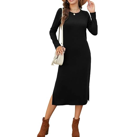 Naggoo Women Long Sleeve T Shirt Midi Dress Casual Plain Dressy Split Crewneck Maxi Dresses with Pockets Black