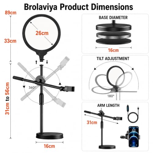 Image of BROLAVIYA Overhead Video Floor Stand with Slab key Full-screen fill 10-inch LED light, Metal arm,1 /4 inch head for Camera, Webcam, Gopro, With Mobile bracket for YouTube, TikTok, Desktop, Bedroom, Office.