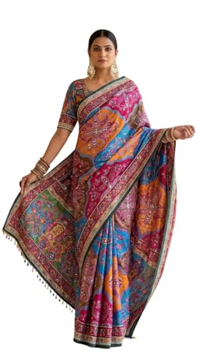 Image of Ajrakh Sarees for Women | Roman Silk Ajrakh Print Saree for Woman with Real Mirror Work Border & Designer Pallu with Blouse Piece Multicolor Ethnic Wear (Orange Color)
