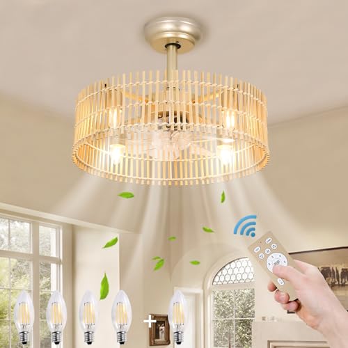 HOMKEA Boho Caged Ceiling Fan with Lights and Remote, 18" Bamboo Ceiling Fan with 5 E26 Bulds, Farmhouse Handmade Art Rattan Woven Ceiling Fan with 6 Speeds for Farmhouse Bedroom Living Room