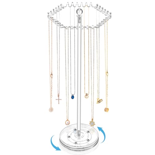 OAOLEER Acrylic Necklace Holder Stand, Rotating Jewelry Organizer Display Tree Hanger Rack with 36 Hooks for Necklaces, Chain, Pendant, Bracelets, Ring (Tall 15.7 In)