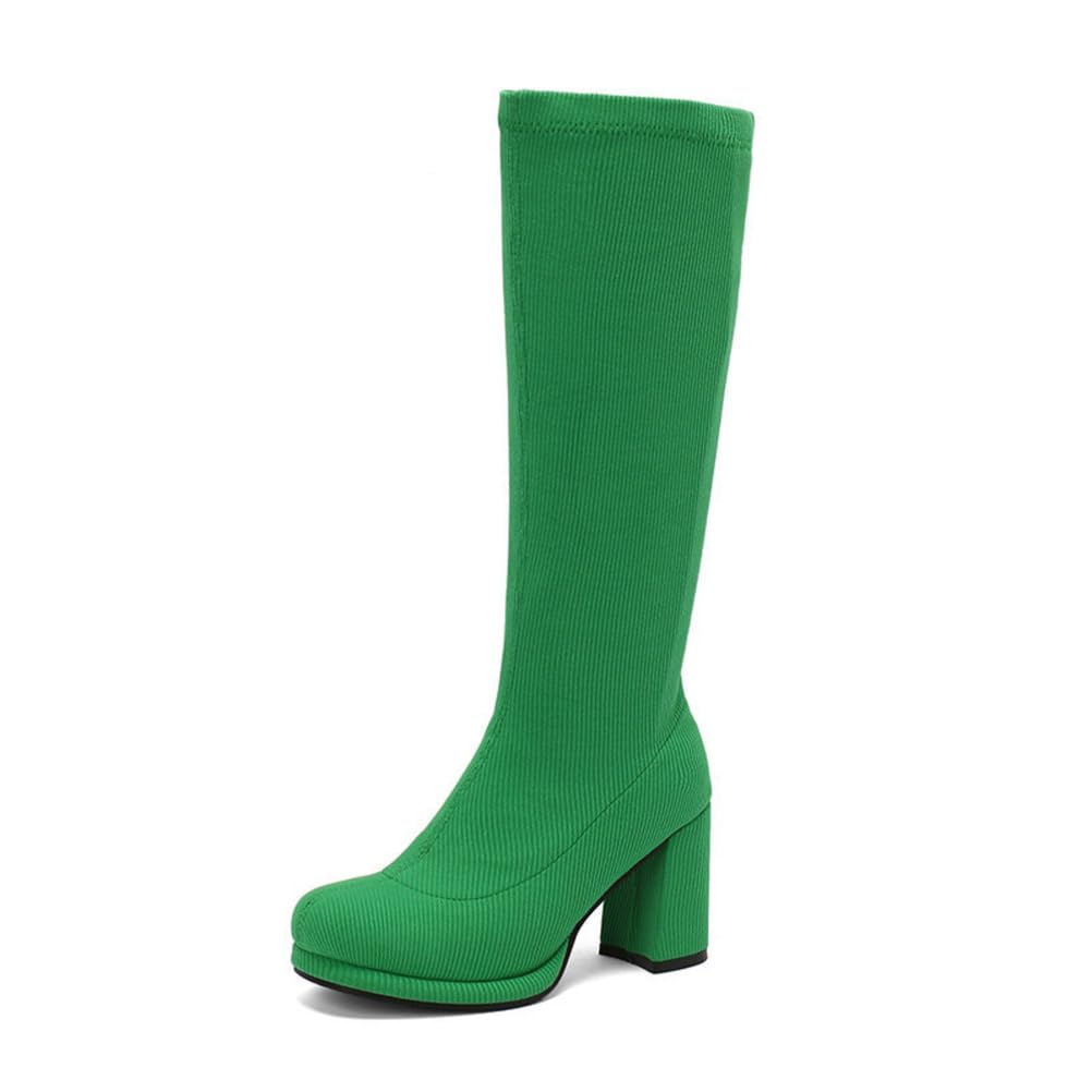 Womens Suede Round Toe Knee High Boots Pull On Knitted Stretch Nubuck Chunky Block Heel Comfortable Breathable Warm