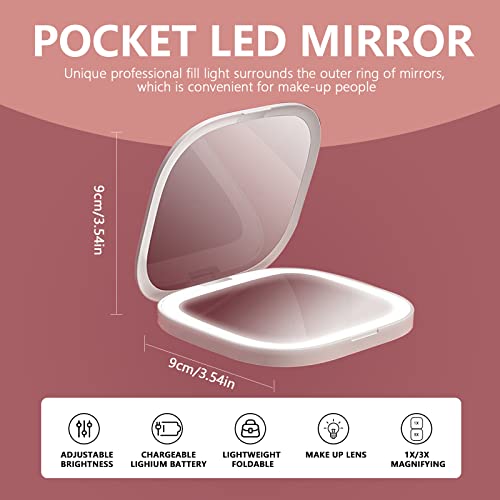 Tanshine Travel Makeup Mirror With Natural Led Lights, 1X/3X Magnification, Compact, Portable, Dimmable Rechargeable Mirror, Handheld Illuminated Folding Mirror For Purse, Handbag, Pocket, White #TOP3