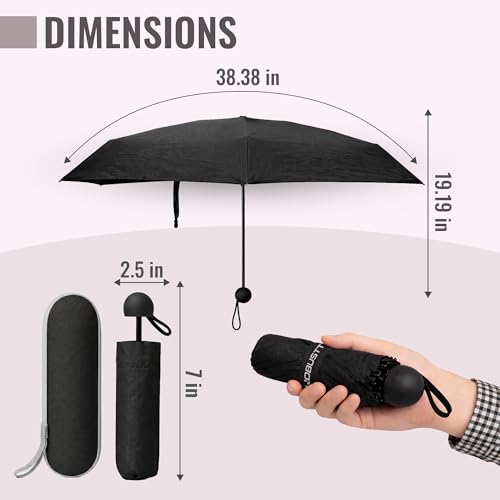 Image of Robustt Capsule Mini Foldable Travel Umbrella | Black | UPF 50+ UV & Rain Protection | 3 Fold Compact | for Women, Men & Kids | Windproof, Waterproof, Pocket-Size with Storage Case