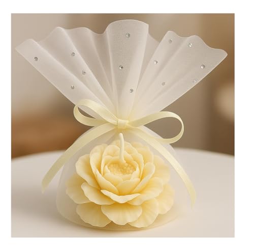 12 Bougies Fleurs crème en Cire de Colza + 12 Tulles Voile + Ruban Cadeaux Invités | | Souvenirs et Décoration Événementielle Mariage, Baptême, Anniversaire | Sculpturales & Élégantes