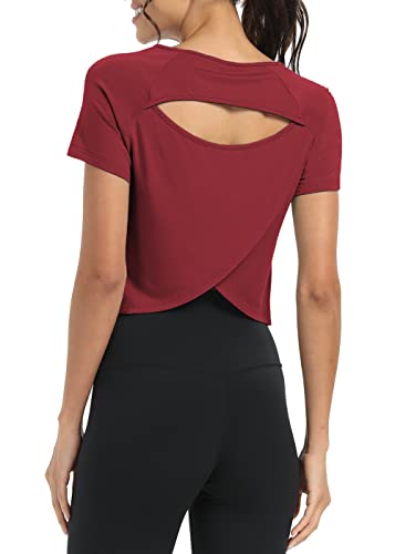 Bestisun Short Sleeve Cute Workout Tops Athletic Yoga Gym Shirt For Women Backless Tops Women Open Back Workout Shirts Active Sports Shirts Wine Red M #TOP4