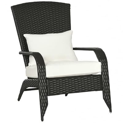 Outsunny Patio Wicker Adirondack Chair, Outdoor All-Weather Rattan Fire Pit Chair w/Soft Cushions, Tall Curved Backrest and Comfortable Armrests for Deck or Garden, Cream White
