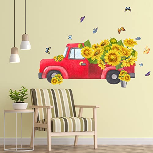 Anfigure Red Truck Sunflower Wall Decal Living Room Bedroom Wall Stickers Girls Room Baby Room Flowers Butterfly Tv Sofa Background Wall Art Decor Mural Vinyl Peel And Stick Decorations #TOP11