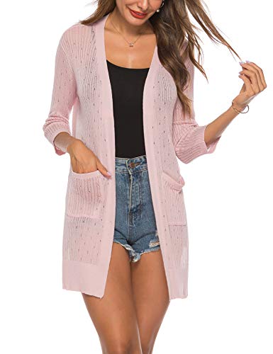 LYHNMW Women's Cardigan Casual 3/4 Sleeve or Long Sleeve Lightweight Open Front Long Knited Cardigan with Pocket, B-pink, M