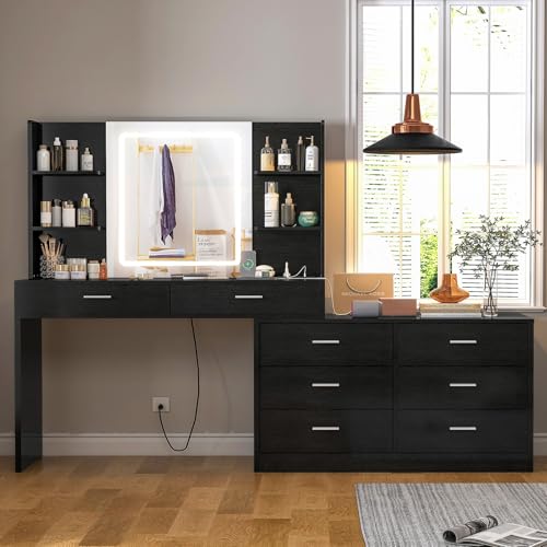 Image of FIONESO Vanity Desk with LED Light Mirror & Power Outlet, 8 Drawers, 6 Storage Shelves, 3 Color Modes & Adjustable Brightness Makeup Vanity, Corner Vanity, L Shape Vanity, 39.4 inch-64.9 inch Desk, Black